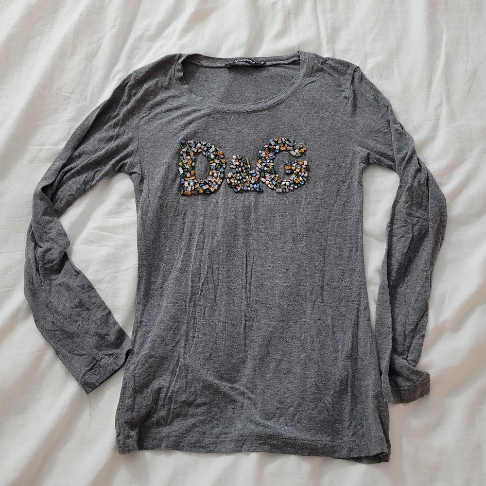 Authentic dolce & gabbana longsleeve graphic logo t-shirt with rhinestones